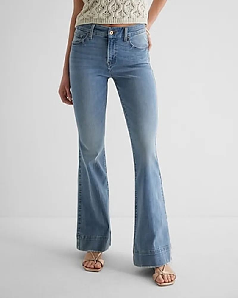 Express Mid Rise Light Wash Curvy FlexX Tall Hem '70S Flare Jeans