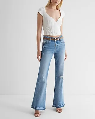 Mid Rise Medium Wash Ripped Raw Hem '70S Flare Jeans, Women's Size:6