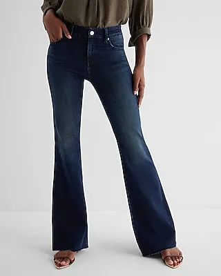 Mid Rise Dark Wash Raw Hem Curvy FlexX '70S Flare Jeans, Women's Size:S long
