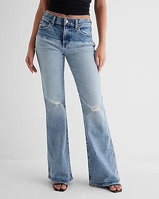Mid Rise Medium Wash Two-Tone Ripped '70S Flare Jeans, Women's Size:0 Long