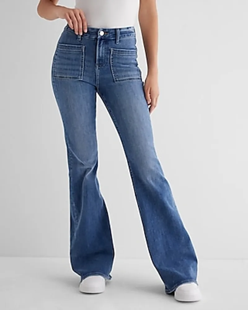 Express Mid Rise Medium Wash Patch Pocket Curvy FlexX '70S Flare Jeans,  Women's Size:S