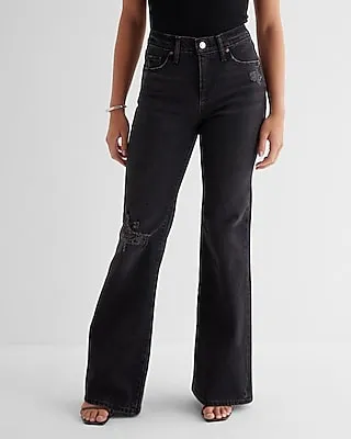 Mid Rise Washed Black Ripped '70S Flare Jeans