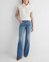 Mid Rise Medium Wash Pintuck Raw Hem Curvy FlexX '70S Flare Jeans