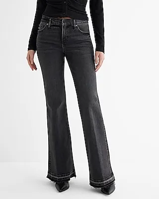 Mid Rise Black Raw Drop Hem '70S Flare Jeans, Women's Size:14
