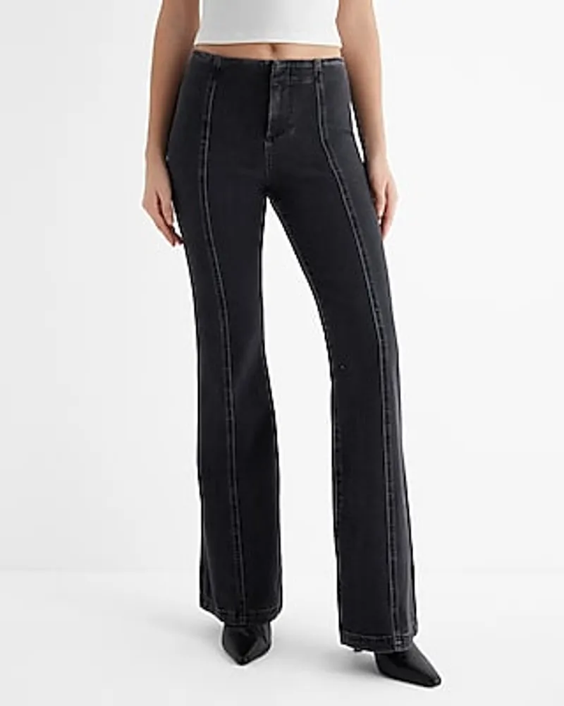 Mid Rise Washed Black Front Seam '70S Flare Jeans