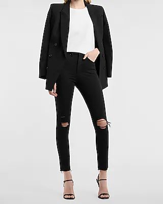 High Waisted Black Ripped Raw Hem Supersoft Skinny Jeans