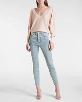 High Waisted Supersoft Knit Button Fly Ripped Skinny Jeans