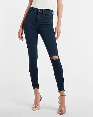 High Waisted Dark Wash Ripped Raw Hem Supersoft Skinny Jeans