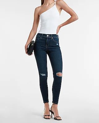 Mid Rise Dark Wash Ripped Supersoft Skinny Jeans