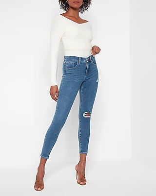 Mid Rise 4-Way Hyper Stretch Medium Wash Ripped Skinny Jeans