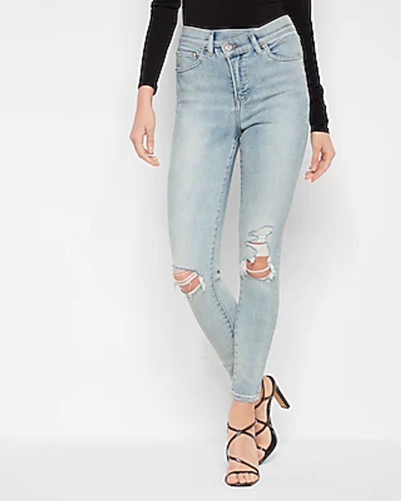 Express High Waisted Crossover Waistband Ripped Skinny Jeans