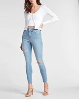 High Waisted Light Wash Ripped Skinny Jeans