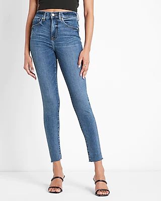High Waisted Medium Wash Raw Hem Skinny Jeans, Women's Size:2 Short