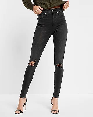 High Waisted Black Ripped Skinny Jeans, Women's Size:0 Short