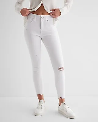 Mid Rise White Ripped Raw Hem Cropped Skinny Jeans, Women's Size:16 Long