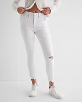 Mid Rise White Ripped Raw Hem Cropped Skinny Jeans