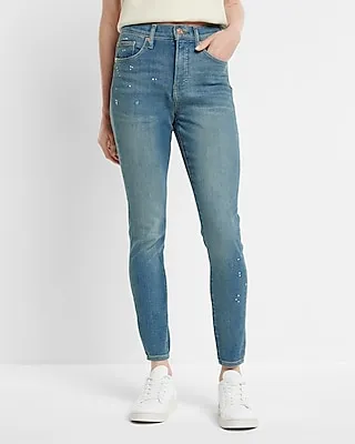 High Waisted Medium Wash Splatter Paint Skinny Jeans, Women's Size:0 Short