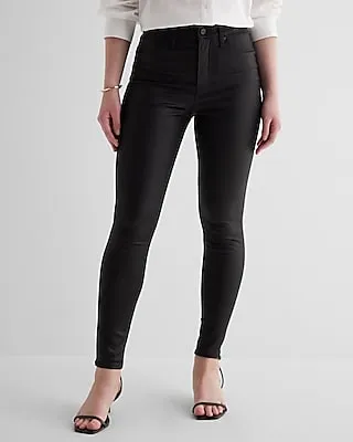 High Waisted Black Coated Skinny Jeans, Women's Size:10