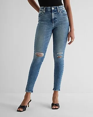 High Waisted Medium Wash Curvy FlexX Ripped Skinny Jeans, Women's Size:S