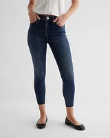 Mid Rise Dark Wash Raw Hem Cropped Skinny Jeans