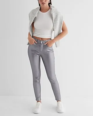 Mid Rise Gray Metallic Coated Skinny Jeans, Women's Size:0
