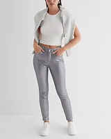 Mid Rise Gray Metallic Coated Skinny Jeans, Women's Size:2 Long