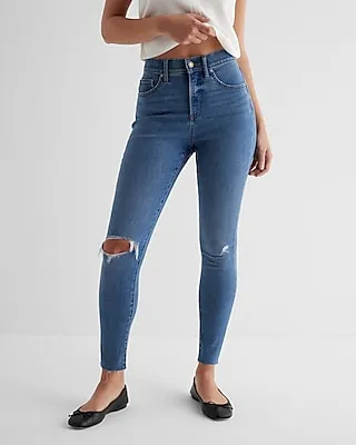 High Waisted Medium Wash Ripped Raw Hem Skinny Jeans