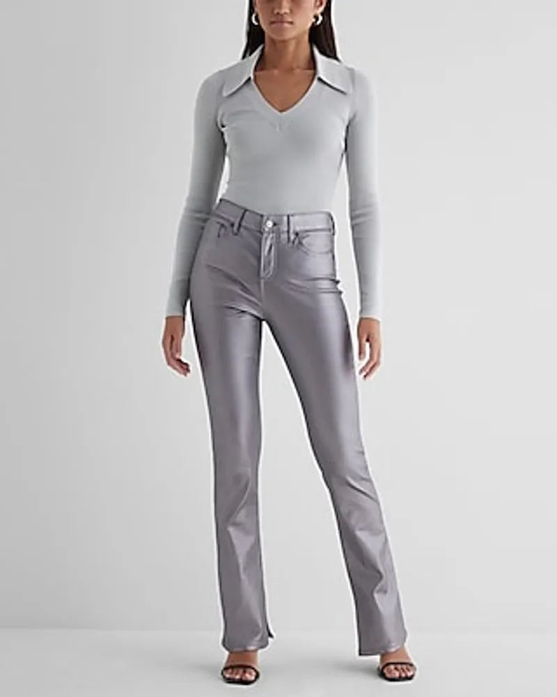 Mid Rise Gray Metallic Coated Skyscraper Jeans