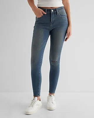 Mid Rise Medium Wash Ripped Skinny Jeans, Women's Size:2