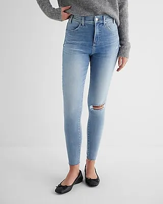 High Waisted Medium Wash Ripped Raw Hem Skinny Jeans, Women's Size:0