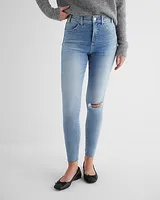 High Waisted Medium Wash Ripped Raw Hem Skinny Jeans