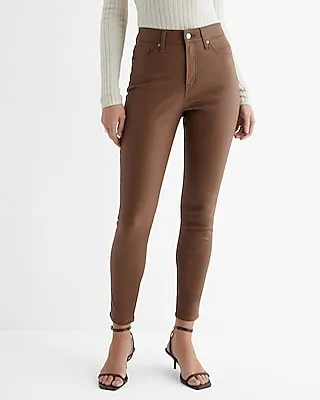 High Waisted Brown Coated Skinny Jeans