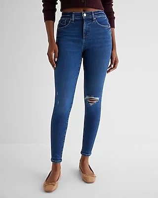 Mid Rise Dark Wash Ripped Skinny Jeans
