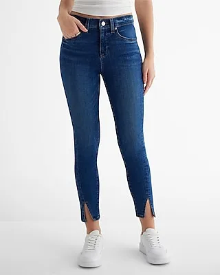 Mid Rise Medium Wash Split Hem Cropped Skinny Jeans