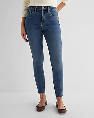 High Waisted Medium Wash Raw Hem Skinny Jeans