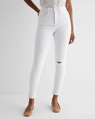 High Waisted White Ripped Skinny Jeans, Women's Size:4