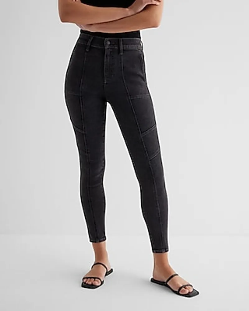 Express High Waisted Washed Black Utility Skinny Jeans, Women's Size:16