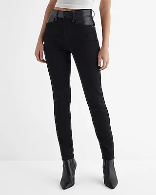 High Waisted Black Faux Leather Paneled '90S Skinny Jeans