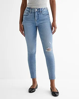 Mid Rise Medium Wash Ripped Raw Hem Skinny Jeans, Women's Size:2