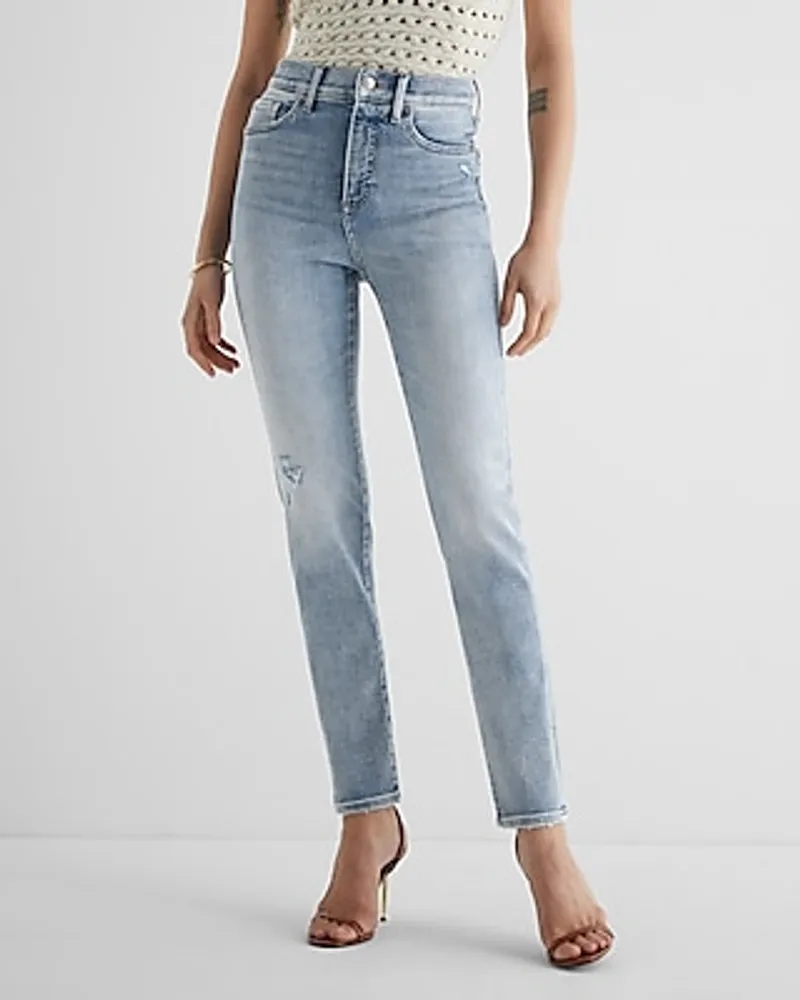 Express Super High Waisted Light Wash Ripped '90S Slim Jeans