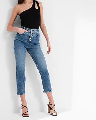 Super High Waisted Medium Wash Button Fly Mom Jeans