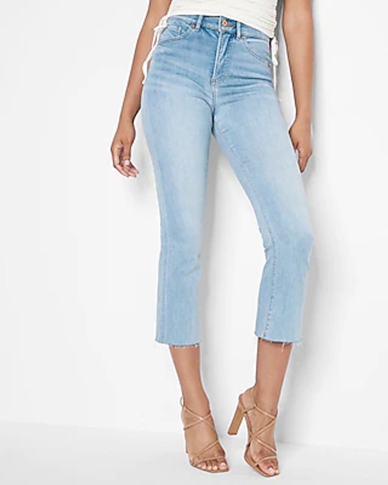 Express High Waisted Light Wash Raw Hem Cropped Flare Jeans