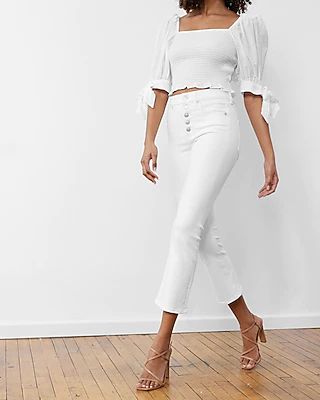 High Waisted White Cropped Flare Jeans, Women's Size:16 Long