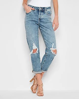 Mid Rise Medium Wash Ripped Boyfriend Jeans, Women's Size:8