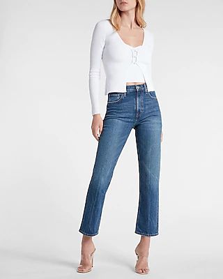 Super High Waisted Medium Wash Modern Straight Jeans, Women's Size:00