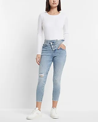 High Waisted Light Wash Crossover Waistband Ripped Cropped Skinny Jeans
