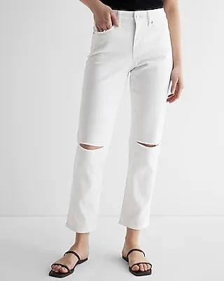 Mid Rise White Ripped Boyfriend Jeans, Women's Size:14
