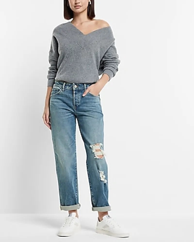 Mid Rise Medium Wash Ripped Boyfriend Jeans, Women's Size:0 Long