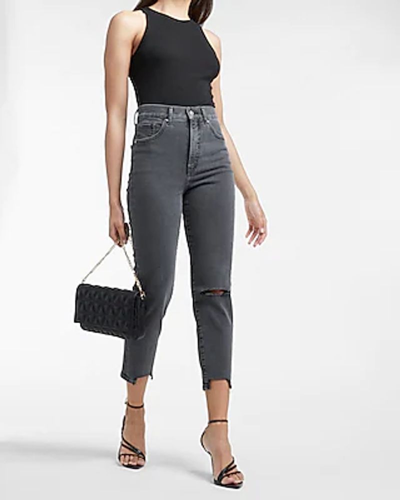 Super High Waisted Black Ripped Raw Hem Mom Jeans