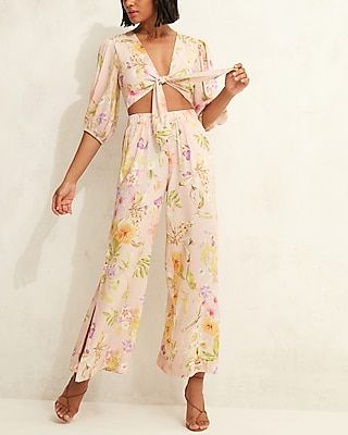 Super High Waisted Floral Wide Leg Palazzo Pant Multi-Color Women's XS